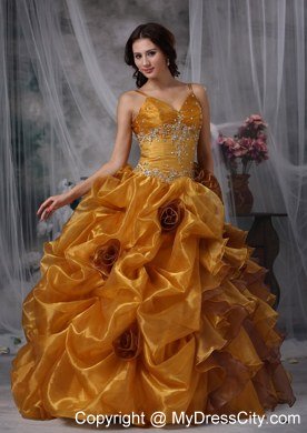 Ball Gown Spaghetti Straps Organza Beading Sweet 15 Dress